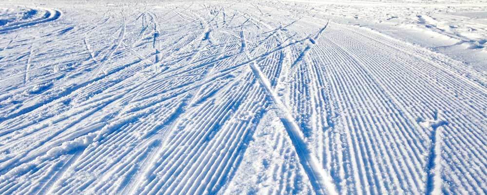 Eb's Ski Tip: flat skis are fast skis - ski tracks on a snowy surface from flat skis.