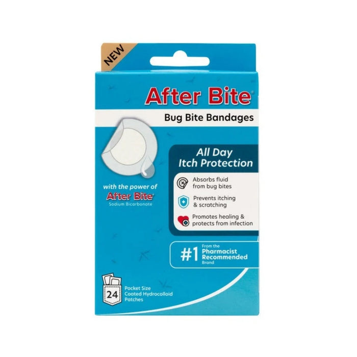 After Bite Bug Bite Bandages retail packaging, featuring a blue and white box with a picture of a white bandage and product benefits listed on the front.