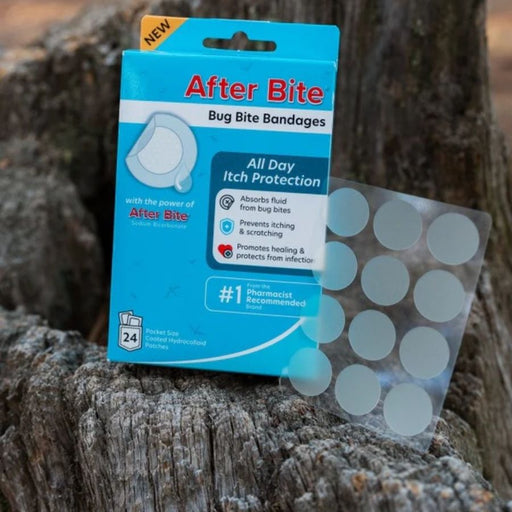 After Bite bug bite bandages packaging on a wooden surface