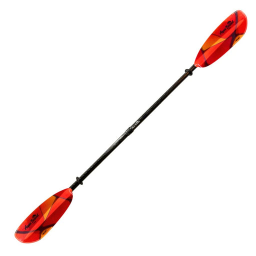 Red kayak paddle with black shaft on a white background