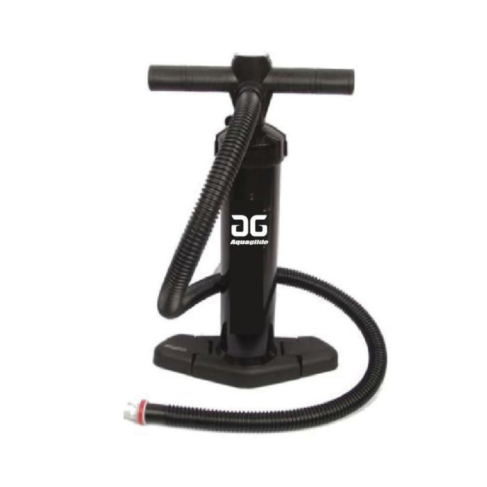 A black manual bicycle pump with a T-handle, flexible hose, and base stand, featuring a white Aquapump logo on the center column, shown against a plain white background.