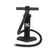 A black manual bicycle pump with a T-handle, flexible hose, and base stand, featuring a white Aquapump logo on the center column, shown against a plain white background.
