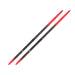 Red and black skis against a white background.