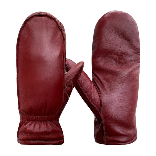 Pair of red leather mittens on a white background
