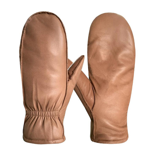 Pair of brown leather mittens on a white background
