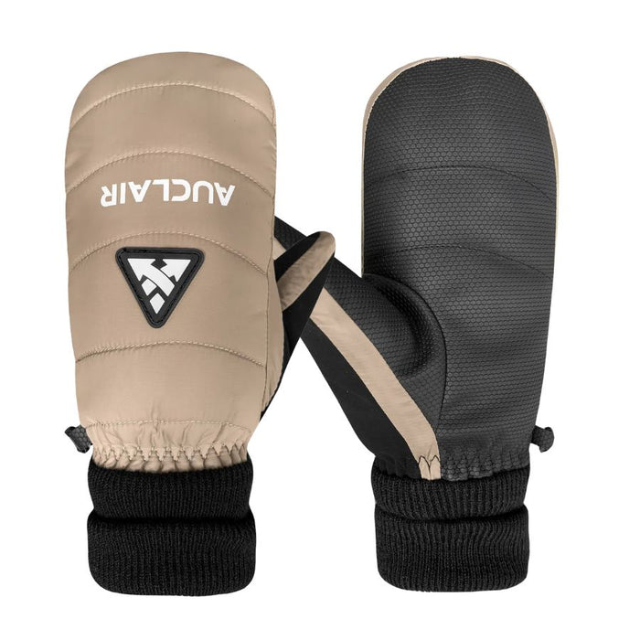 Pair of beige and black mittens with 'AUCLAIR' branding on a white background