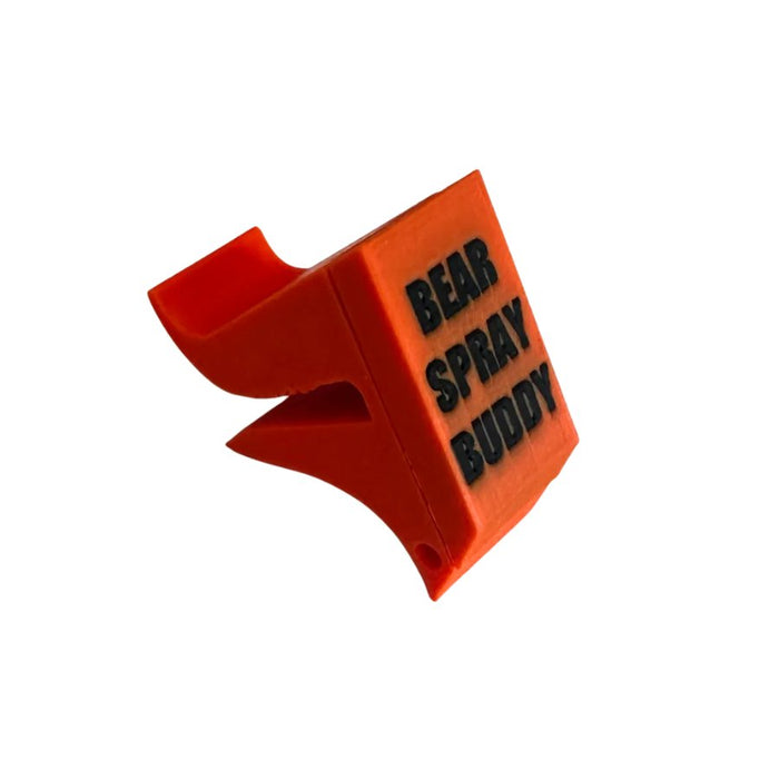 An orange plastic bear spray nozzle with bold black text reading 'BEAR SPRAY BUDDY' on a clean white background.