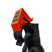 Close-up of a spray can nozzle with an orange hinged spray cover labeled 'BEAR SPRAY BUDDY' in black text, attached to a black canister, on a white background.