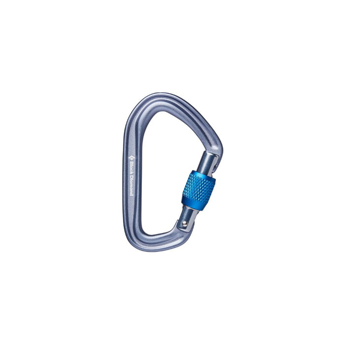 A silver-gray metal carabiner with a textured blue thumb latch, shown on a plain white background.