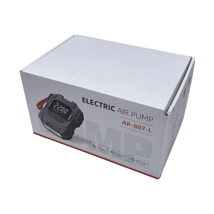 White product packaging box for an electric air pump, featuring a printed image of a black digital device and the text 'ELECTRIC AIR PUMP' and 'AP-887-L'.