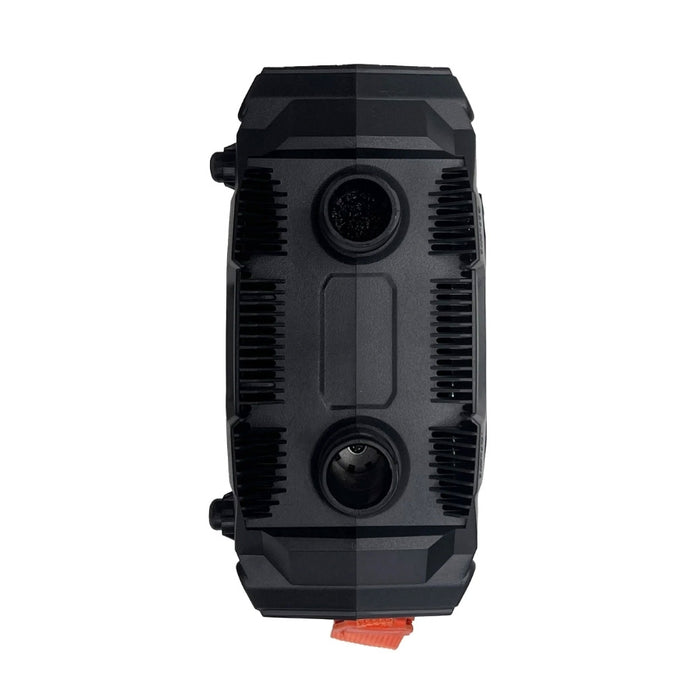 A black rugged plastic electronic device with two circular ports and ribbed ventilation slots, shown against a plain white background.