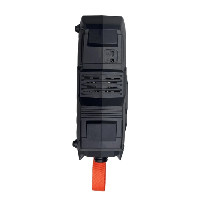 A black plastic industrial or utility device with a bright orange strap hanging from the bottom, shown against a plain white background.