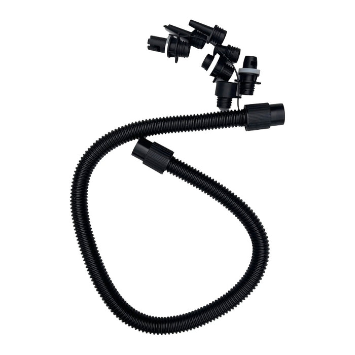 Black hose with multiple connectors on a white background