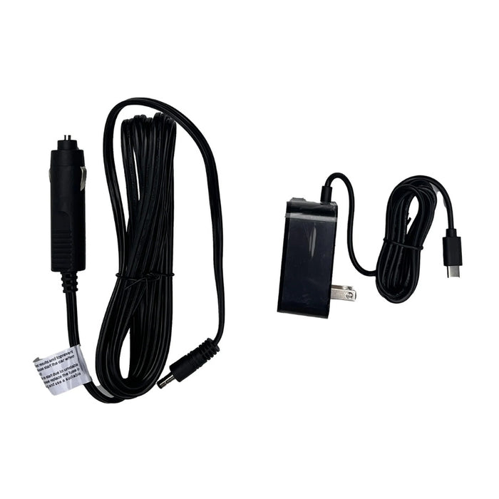 Black car charger adapter kit with a cigarette lighter plug on the left and a USB-C wall charger on the right, both coiled with black cables on a white background.