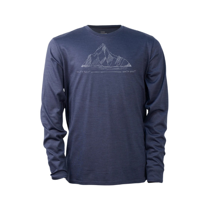 Navy blue long-sleeve shirt with mountain graphic on a white background