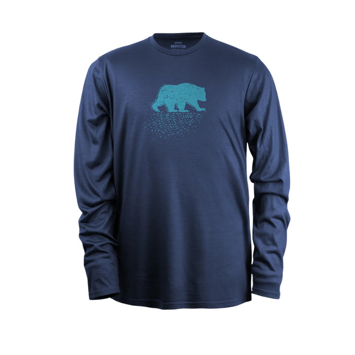 Blue long-sleeve shirt with a bear graphic on a white background