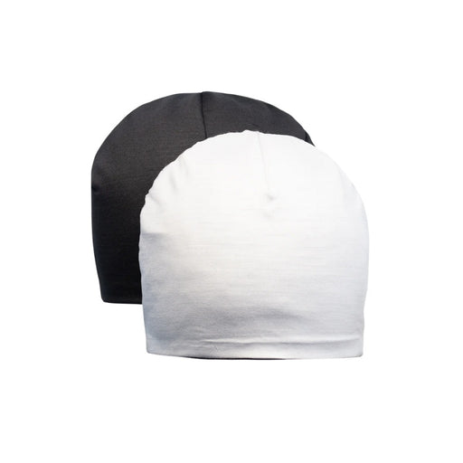 Black and white beanies on a white background