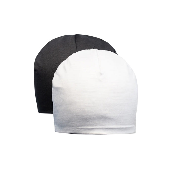 Black and white beanies on a white background