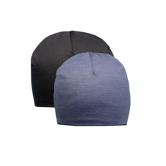 Two beanies, one black and one blue, on a white background