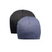 Two beanies, one black and one blue, on a white background