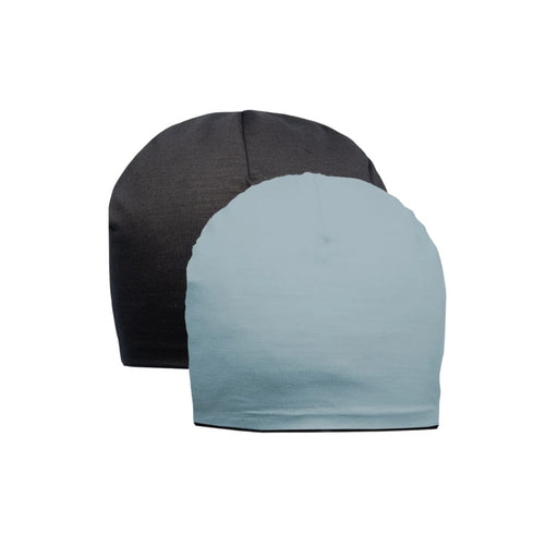 Two beanies, one black and one teal, on a white background