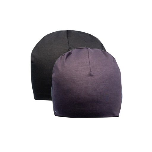 Two beanies, one black and one purple, on a white background.