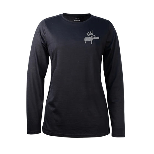 Black long-sleeve shirt with a white graphic on a white background