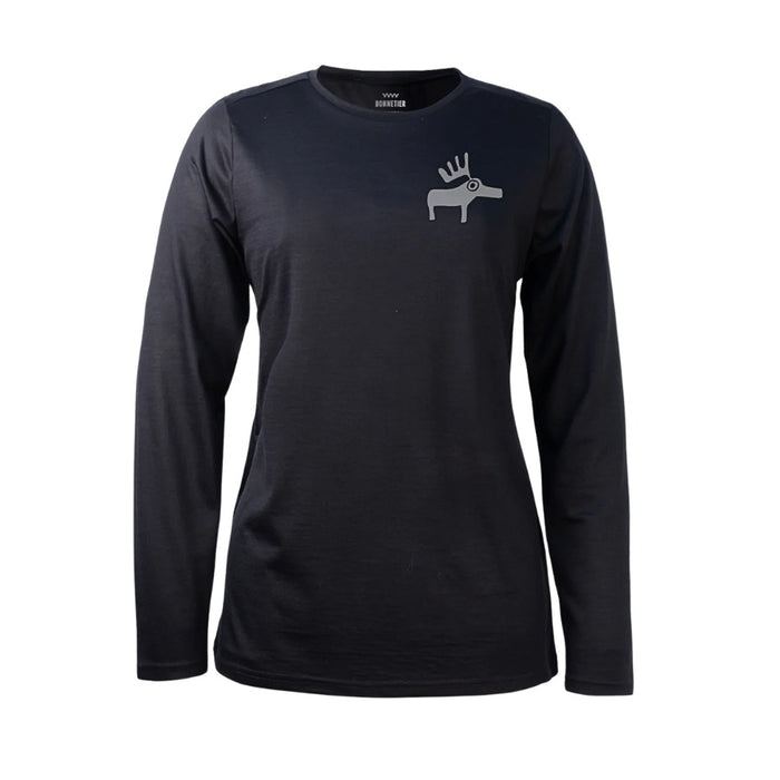 Black long-sleeve shirt with a white graphic on a white background