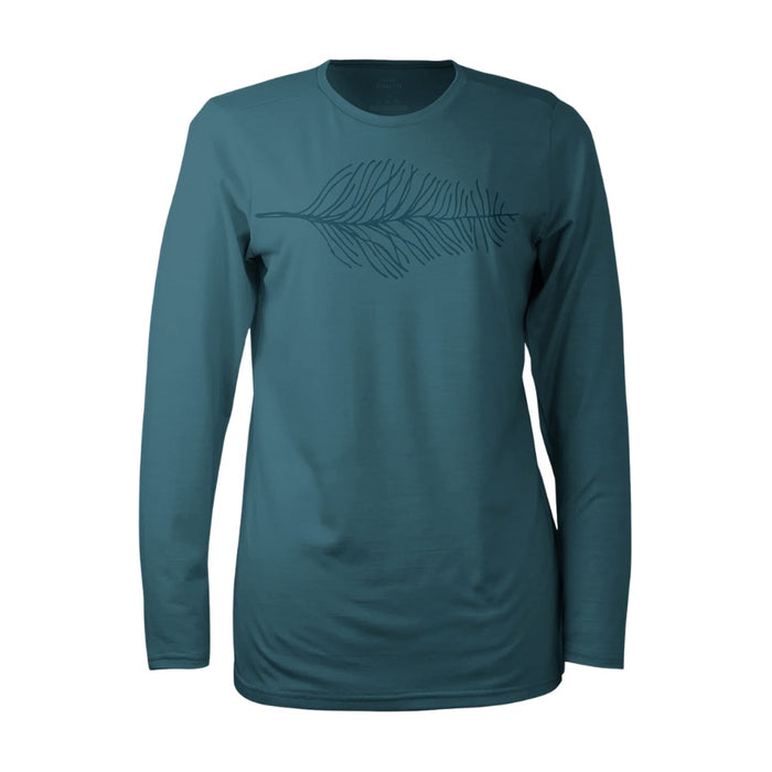 Teal long-sleeve shirt with a leaf design on a white background