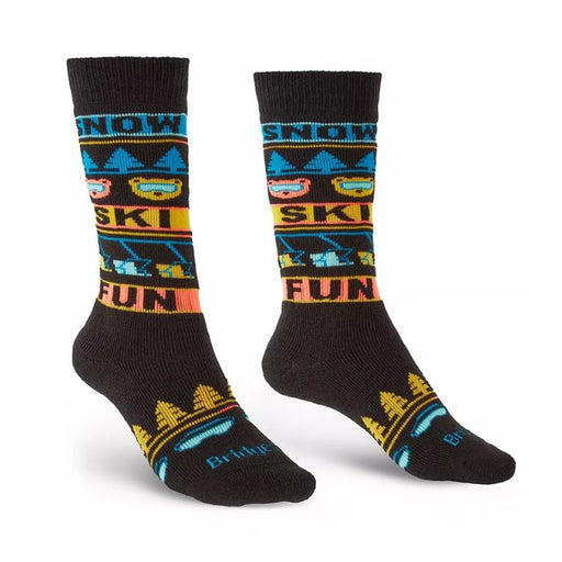 Black socks with colorful ski-themed pattern on a white background