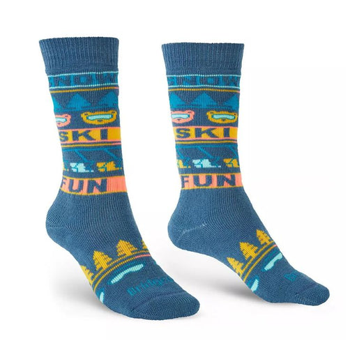 Blue socks with colorful patterns on a white background