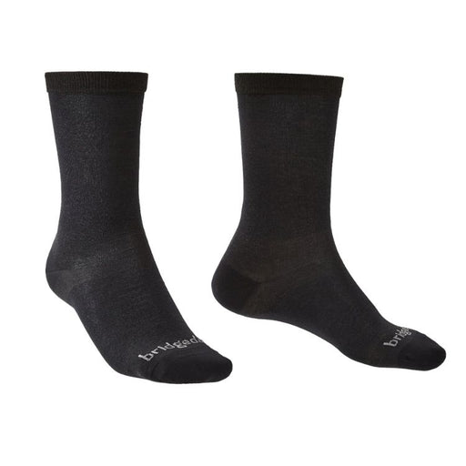 Two black socks with 'Bridgedale' branding on a white background