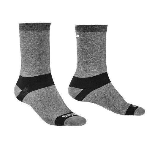 Pair of gray socks with black accents on a white background