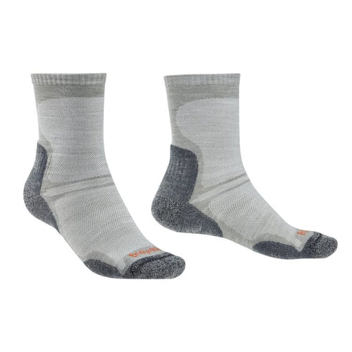 Pair of gray socks with black accents on a white background