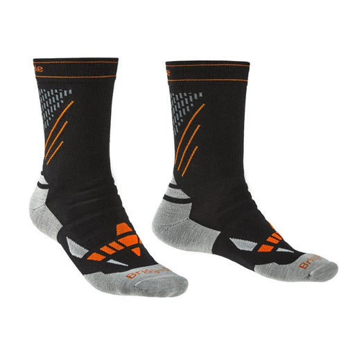 Pair of black, gray, and orange socks on a white background