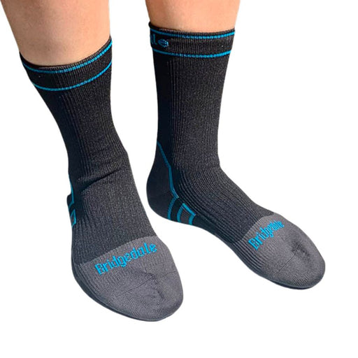 Gray socks with blue accents and 'Bridgedale' branding on a white background