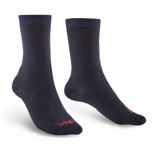 Pair of navy socks with a brand logo on a white background