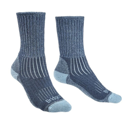 Pair of blue socks with visible branding on a white background