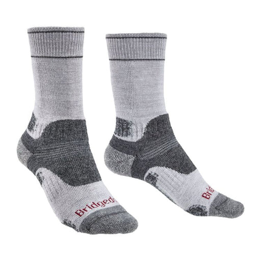 Pair of gray and black socks with Bridgedale branding on a white background