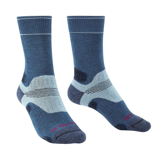 Pair of blue socks with patterned design on a white background
