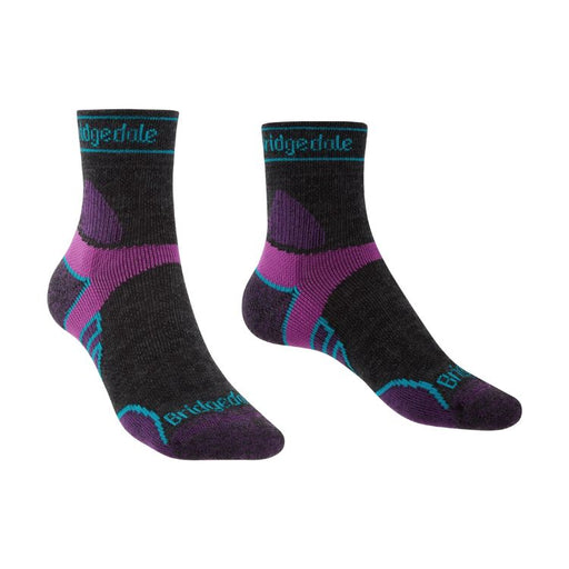 Pair of black and purple socks with 'Bridgedale' branding on a white background