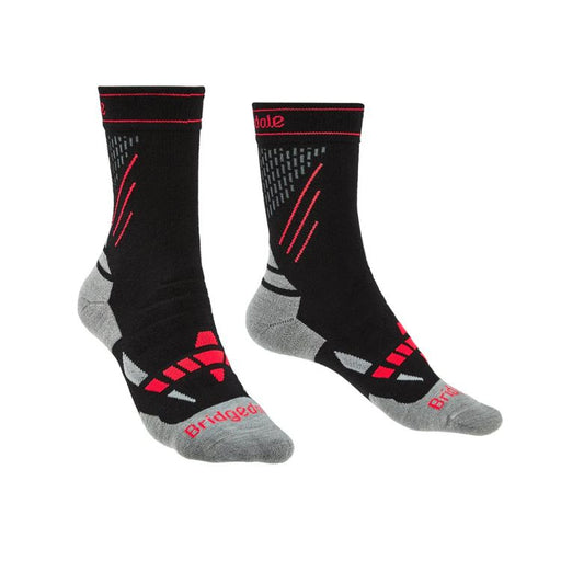 Pair of black and gray socks with red accents on a white background