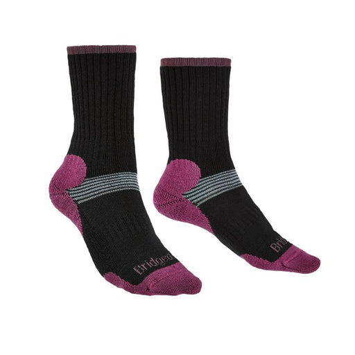 Pair of black socks with purple accents on a white background