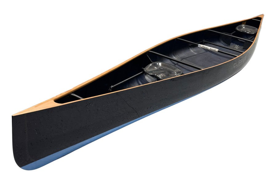 Black canoe with blue bottom on a white background