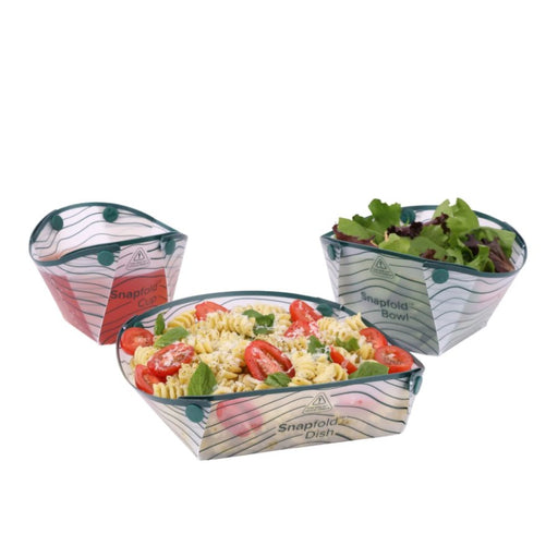 Three Snapfold Dish plastic bowls with a wavy teal and white pattern, shown with food samples including pasta salad, mixed greens, and a red-colored liquid, on a white background.