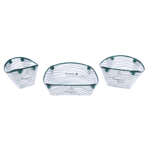 Three clear plastic camping bowls with dark green trim and printed blue wavy lines, shown on a plain white background.