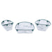 Three clear plastic camping bowls with dark green trim and printed blue wavy lines, shown on a plain white background.