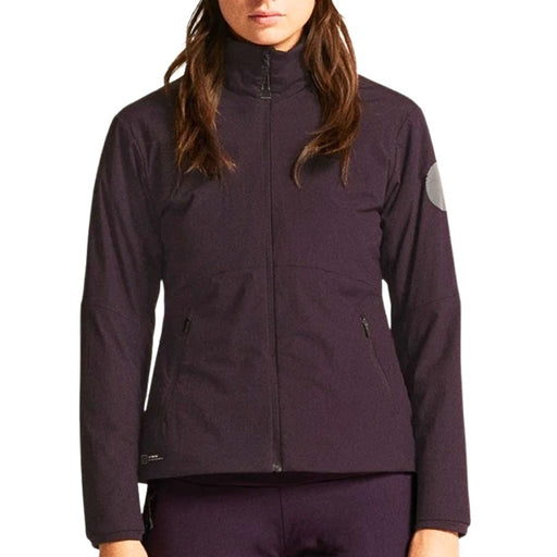 Woman wearing a purple jacket on a white background