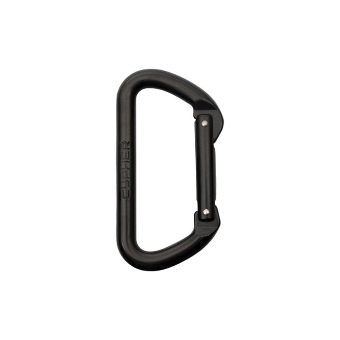 A black metal carabiner with the brand name 'Cypher' embossed vertically on the left side, shown against a plain white background.
