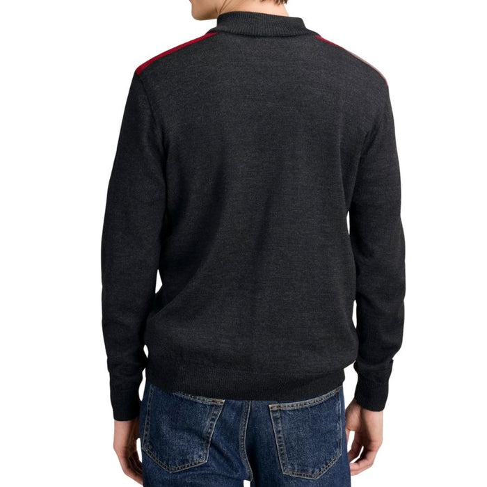 A man wearing a dark charcoal gray knit sweater with red stripe accents on the shoulders, shown from the back against a white background.